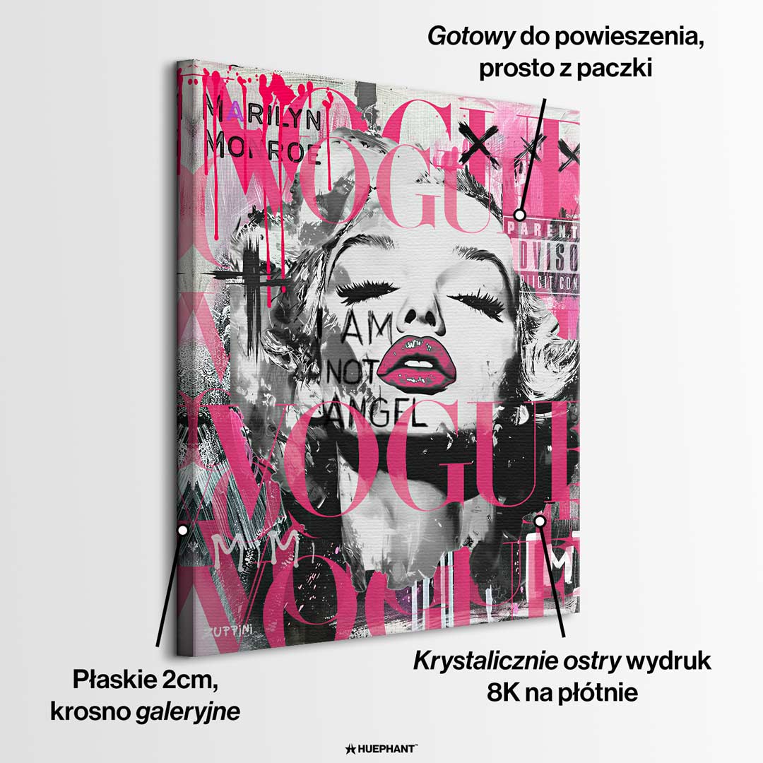 Obraz na płótnie przedstawiający Marilyn Monroe w stylu pop-art z różowym logo Vogue i napisami graffiti. Nowoczesny wydruk galeryjny.