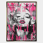 Obraz na płótnie przedstawiający Marilyn Monroe w stylu pop-art z różowym logo Vogue i napisami graffiti. Nowoczesny wydruk galeryjny.