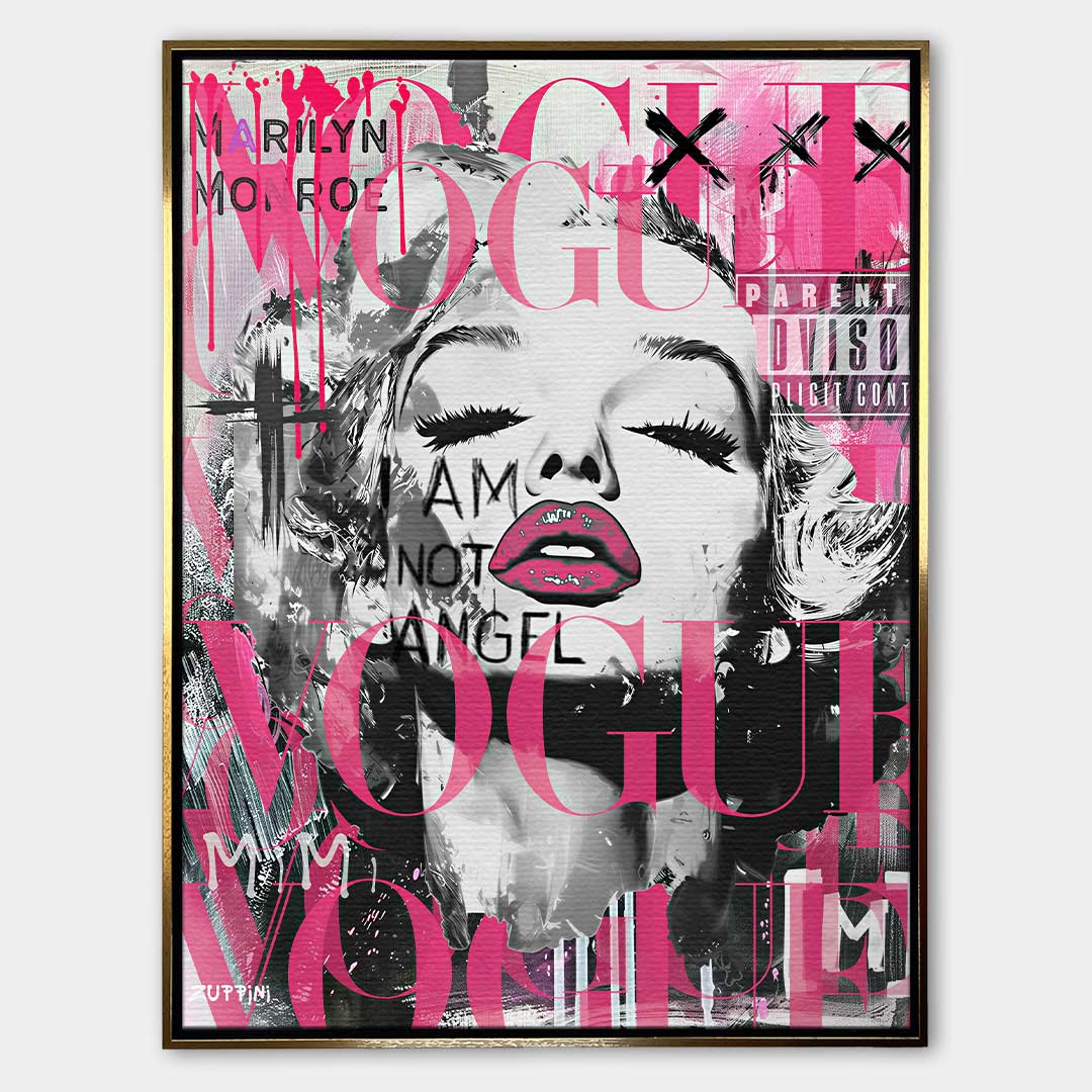 Obraz na płótnie przedstawiający Marilyn Monroe w stylu pop-art z różowym logo Vogue i napisami graffiti. Nowoczesny wydruk galeryjny.