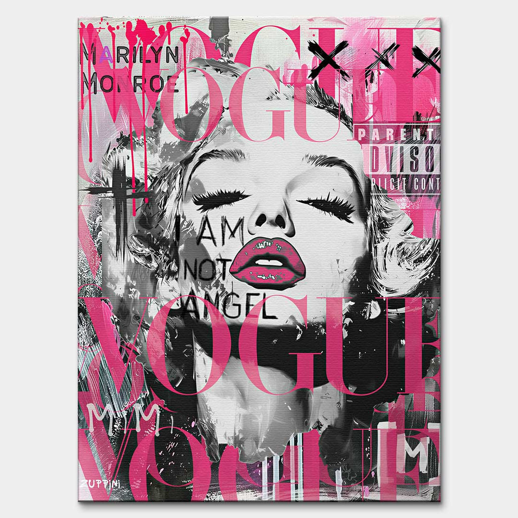 Obraz na płótnie przedstawiający Marilyn Monroe w stylu pop-art z różowym logo Vogue i napisami graffiti. Nowoczesny wydruk galeryjny.