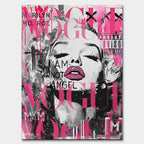 Obraz na płótnie przedstawiający Marilyn Monroe w stylu pop-art z różowym logo Vogue i napisami graffiti. Nowoczesny wydruk galeryjny.