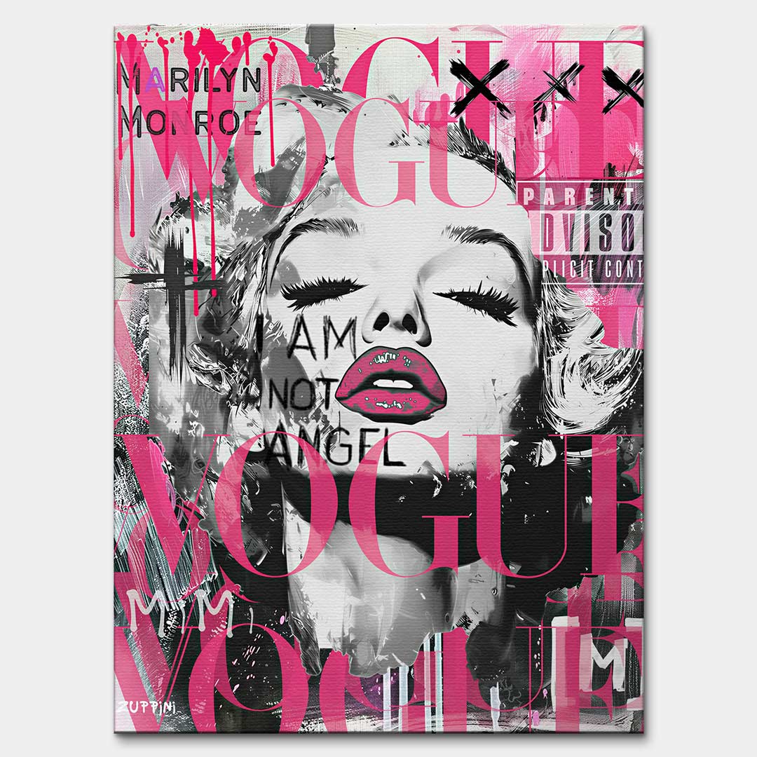 Obraz na płótnie przedstawiający Marilyn Monroe w stylu pop-art z różowym logo Vogue i napisami graffiti. Nowoczesny wydruk galeryjny.