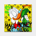 Obraz na płótnie Make Money Not Friends. Nowoczesna sztuka i wydruk galeryjny pop-art ze Sknerusem McKwaczem, plikiem banknotów i monogramem luksusowej marki.