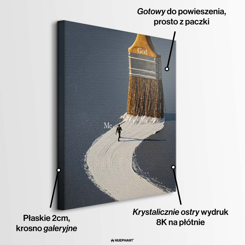 Nowoczesny obraz na płótnie przedstawiający wielki pędzel z napisem God malujący białą drogę, po której idzie mały człowiek z napisem Me. Wydruk galeryjny.