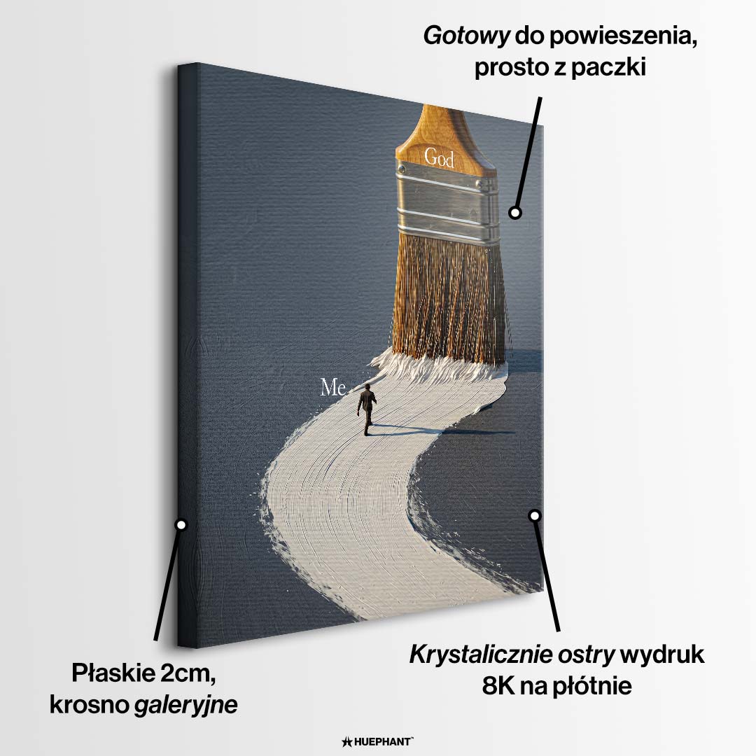 Nowoczesny obraz na płótnie przedstawiający wielki pędzel z napisem God malujący białą drogę, po której idzie mały człowiek z napisem Me. Wydruk galeryjny.