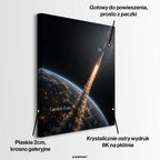 Nowoczesny obraz na płótnie przedstawiający rakietę lecącą w kosmos z napisem Me i Comfort Zone. Motywacyjny wydruk galeryjny z widokiem na Ziemię.