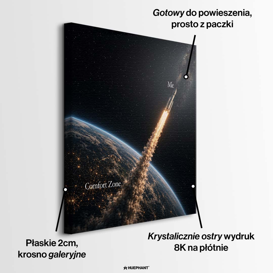 Nowoczesny obraz na płótnie przedstawiający rakietę lecącą w kosmos z napisem Me i Comfort Zone. Motywacyjny wydruk galeryjny z widokiem na Ziemię.