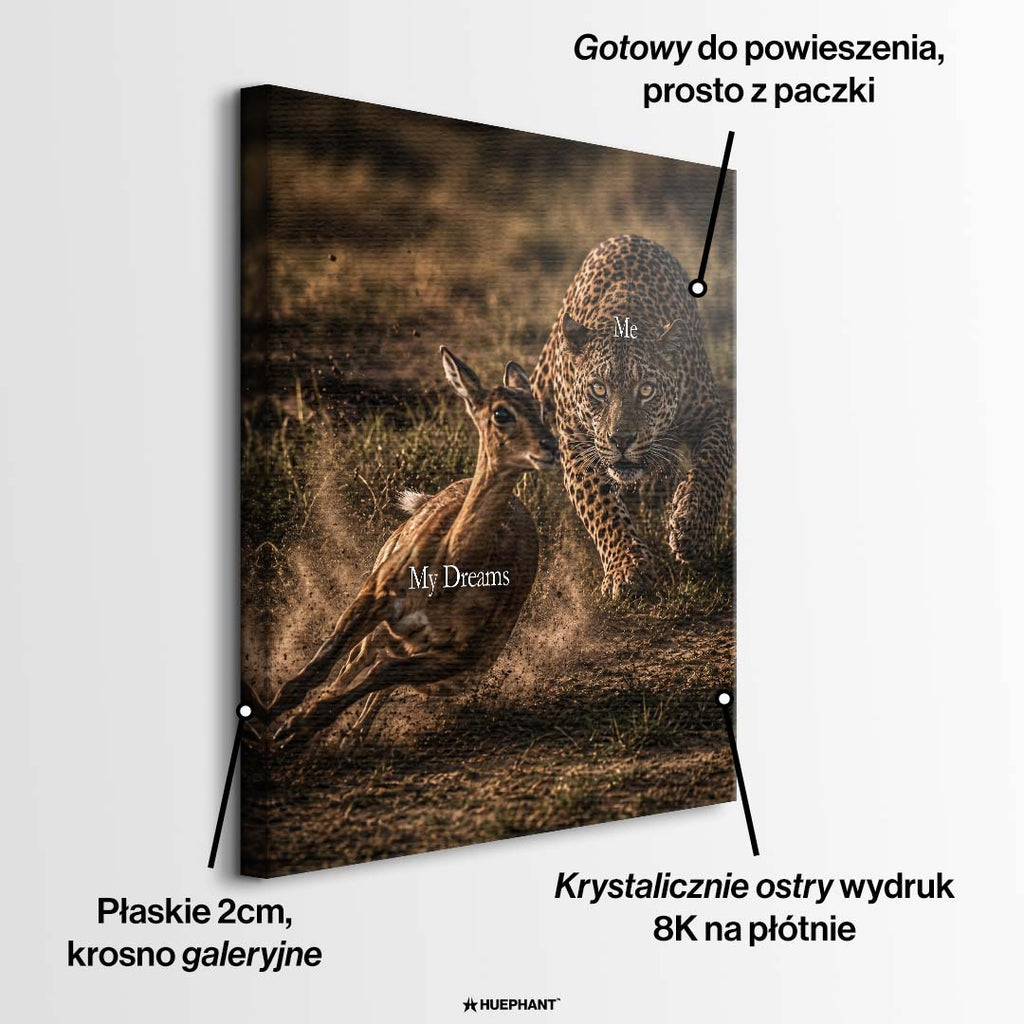 Nowoczesny obraz na płótnie przedstawiający leoparda z napisem Me goniącego antylopę z napisem My Dreams. Wydruk galeryjny w stylu motywacyjnym.