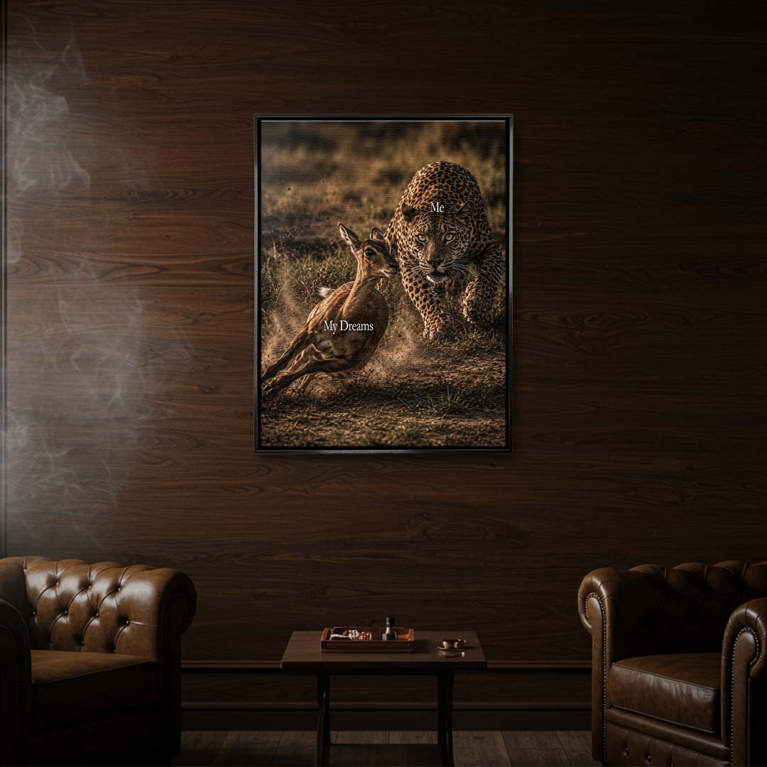 Nowoczesny obraz na płótnie przedstawiający leoparda z napisem Me goniącego antylopę z napisem My Dreams. Wydruk galeryjny w stylu motywacyjnym.