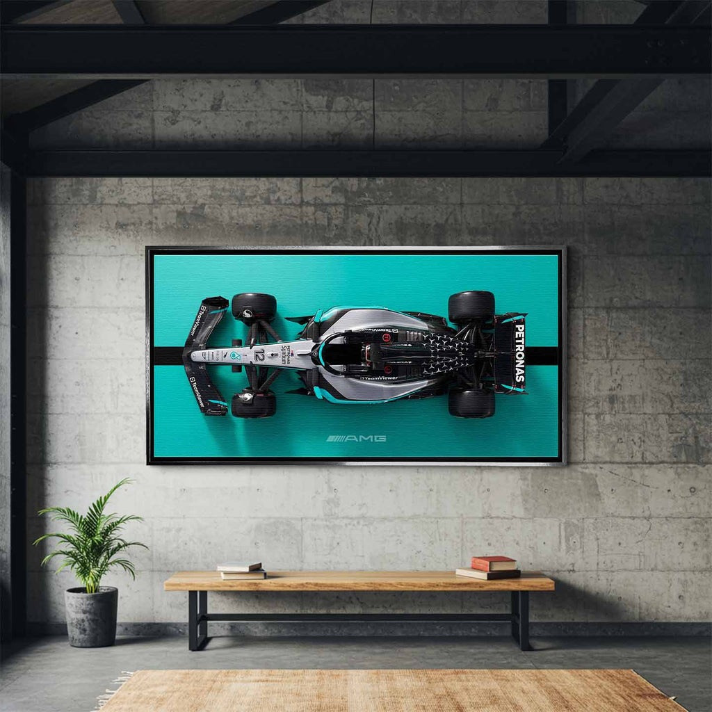 obraz na płótnie f1 mercedes amg petronas bolid z lotu ptaka turkus czarny motorsport