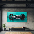 obraz na płótnie f1 mercedes amg petronas bolid z lotu ptaka turkus czarny motorsport