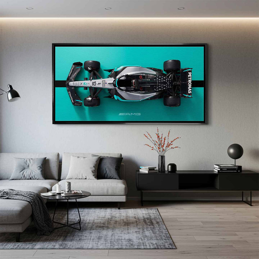 obraz na płótnie f1 mercedes amg petronas bolid z lotu ptaka turkus czarny motorsport