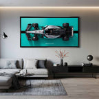 obraz na płótnie f1 mercedes amg petronas bolid z lotu ptaka turkus czarny motorsport