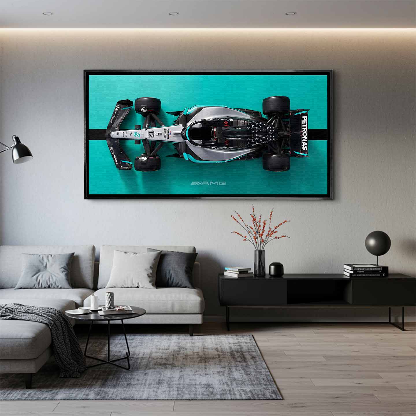 obraz na płótnie f1 mercedes amg petronas bolid z lotu ptaka turkus czarny motorsport