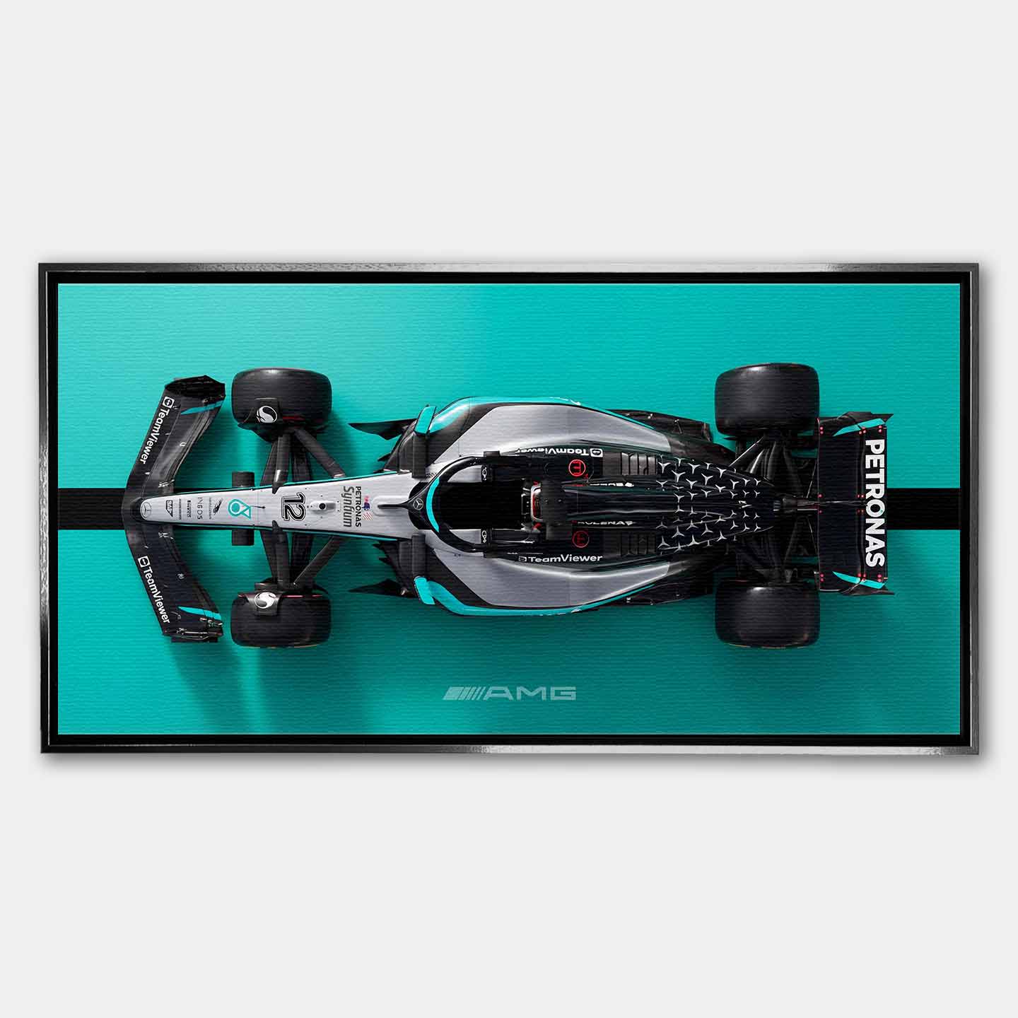 obraz na płótnie f1 mercedes amg petronas bolid z lotu ptaka turkus czarny motorsport