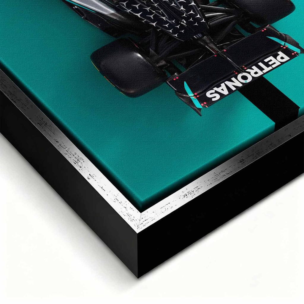 obraz na płótnie f1 mercedes amg petronas bolid z lotu ptaka turkus czarny motorsport