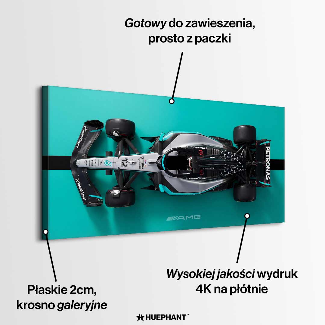 obraz na płótnie f1 mercedes amg petronas bolid z lotu ptaka turkus czarny motorsport