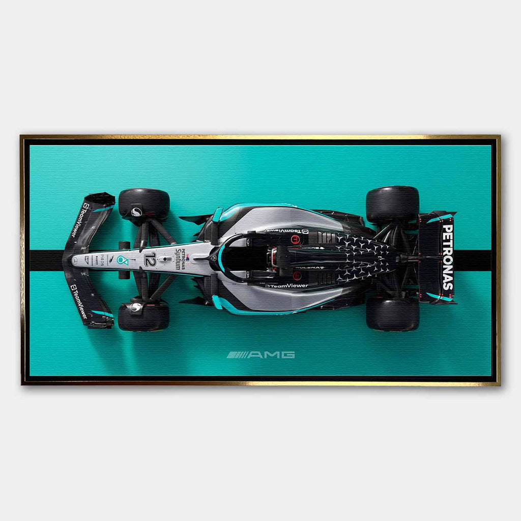 obraz na płótnie f1 mercedes amg petronas bolid z lotu ptaka turkus czarny motorsport