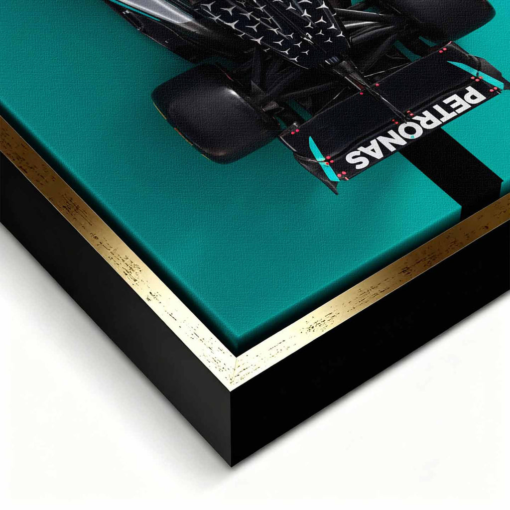 obraz na płótnie f1 mercedes amg petronas bolid z lotu ptaka turkus czarny motorsport