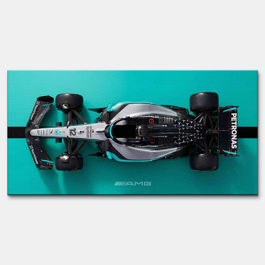 obraz na płótnie f1 mercedes amg petronas bolid z lotu ptaka turkus czarny motorsport