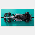 obraz na płótnie f1 mercedes amg petronas bolid z lotu ptaka turkus czarny motorsport
