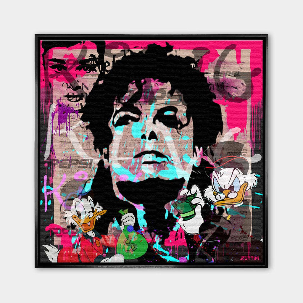 Nowoczesny obraz na płótnie pop-art, Michael Jackson i Sknerus McKwacz, różowe tło, wydruk galeryjny Huephant, sztuka motywacyjna do biura i salonu.