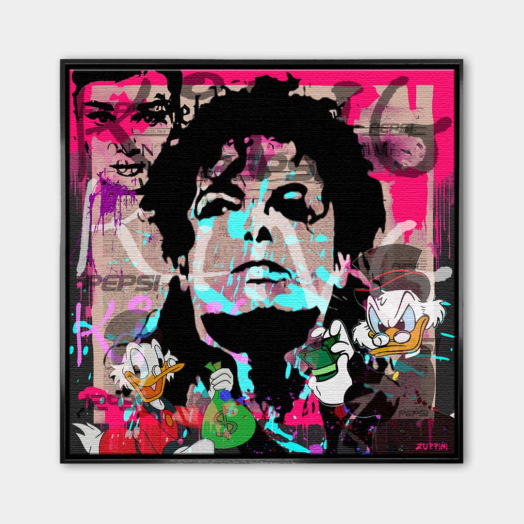 Nowoczesny obraz na płótnie pop-art, Michael Jackson i Sknerus McKwacz, różowe tło, wydruk galeryjny Huephant, sztuka motywacyjna do biura i salonu.