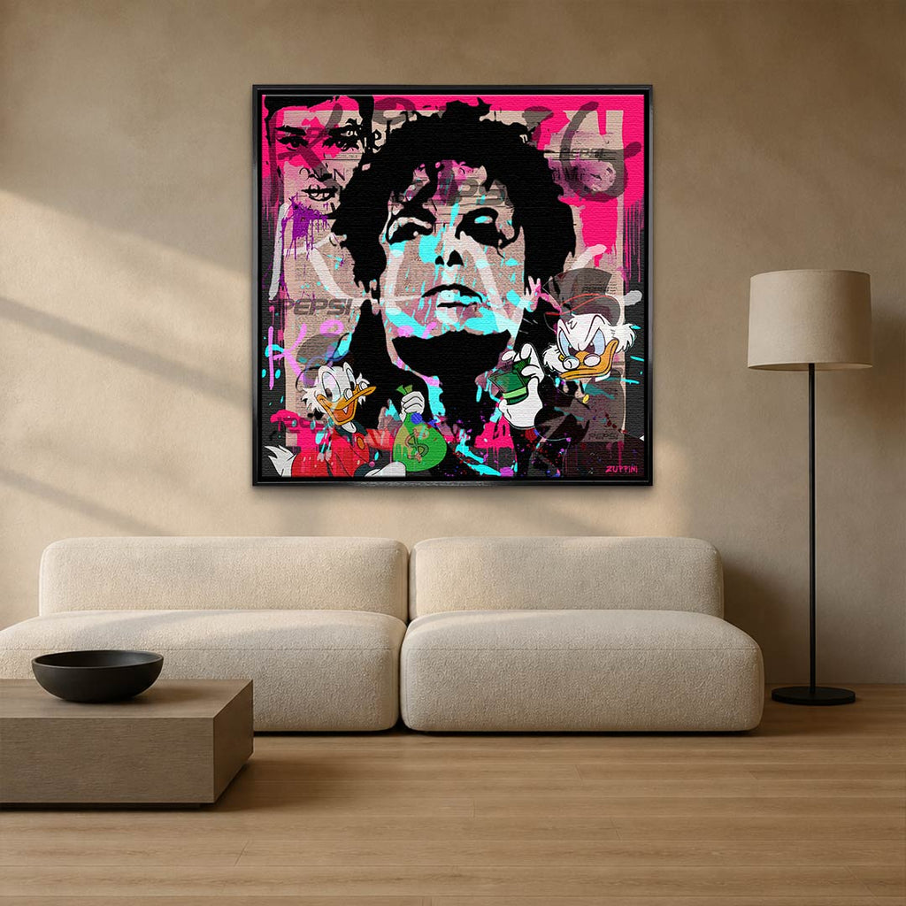 Nowoczesny obraz na płótnie pop-art, Michael Jackson i Sknerus McKwacz, różowe tło, wydruk galeryjny Huephant, sztuka motywacyjna do biura i salonu.