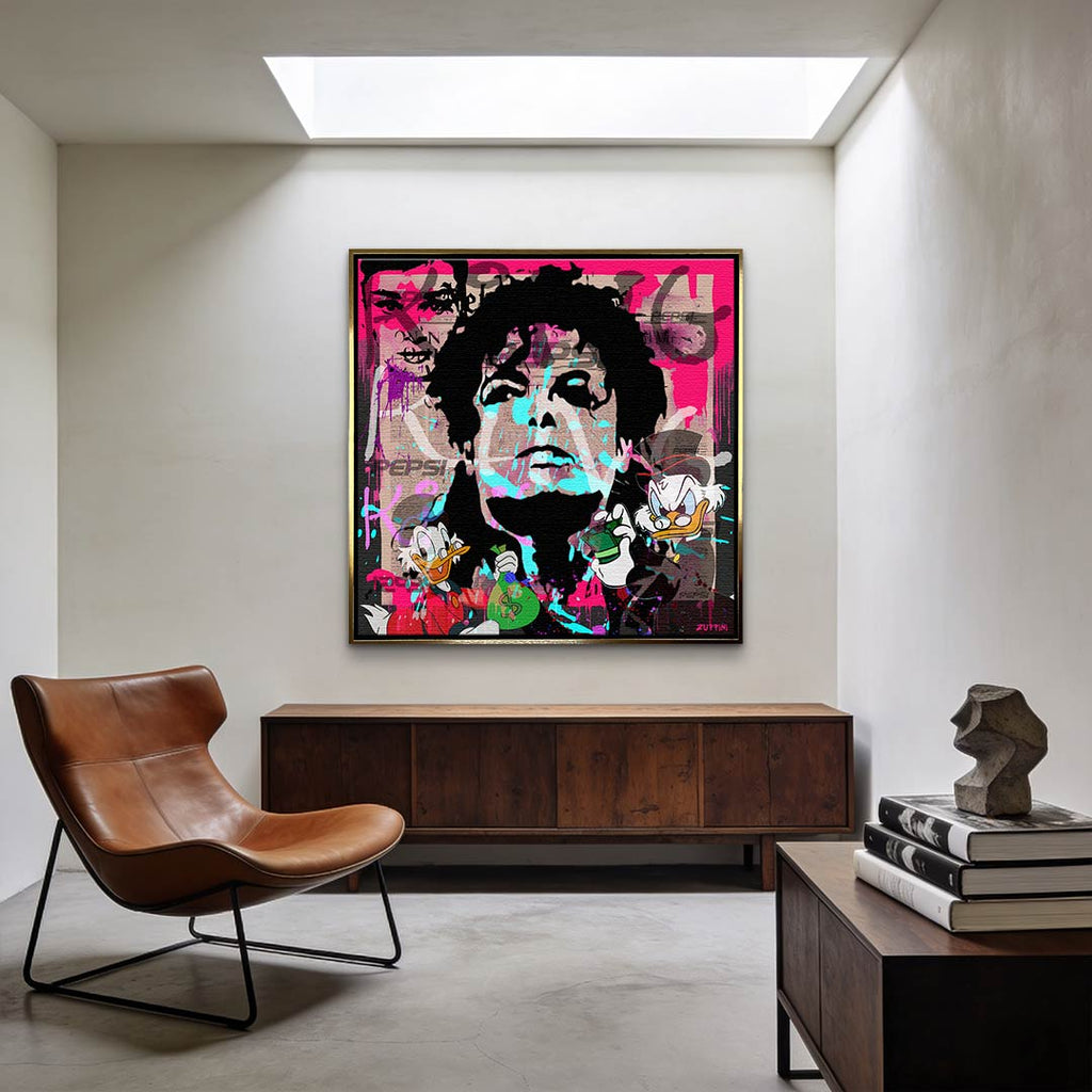 Nowoczesny obraz na płótnie pop-art, Michael Jackson i Sknerus McKwacz, różowe tło, wydruk galeryjny Huephant, sztuka motywacyjna do biura i salonu.
