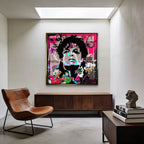 Nowoczesny obraz na płótnie pop-art, Michael Jackson i Sknerus McKwacz, różowe tło, wydruk galeryjny Huephant, sztuka motywacyjna do biura i salonu.
