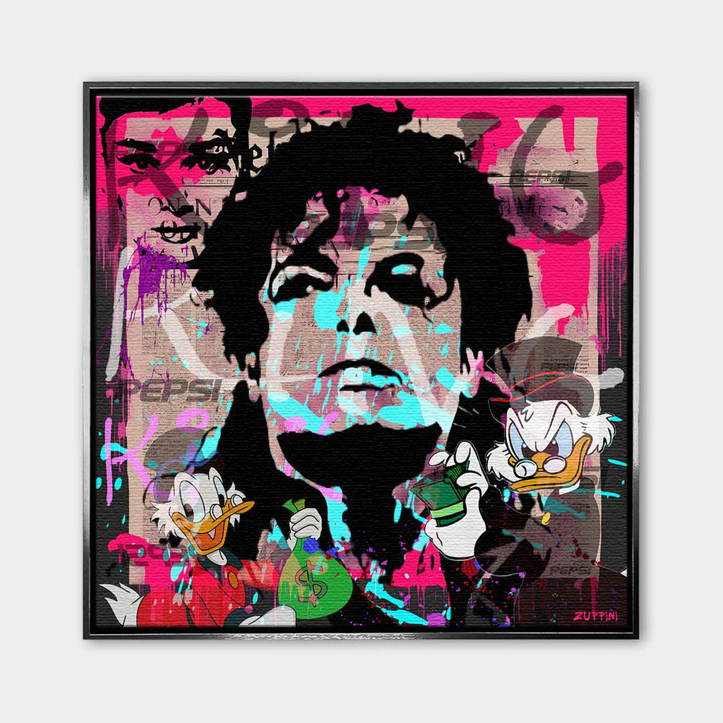 Nowoczesny obraz na płótnie pop-art, Michael Jackson i Sknerus McKwacz, różowe tło, wydruk galeryjny Huephant, sztuka motywacyjna do biura i salonu.