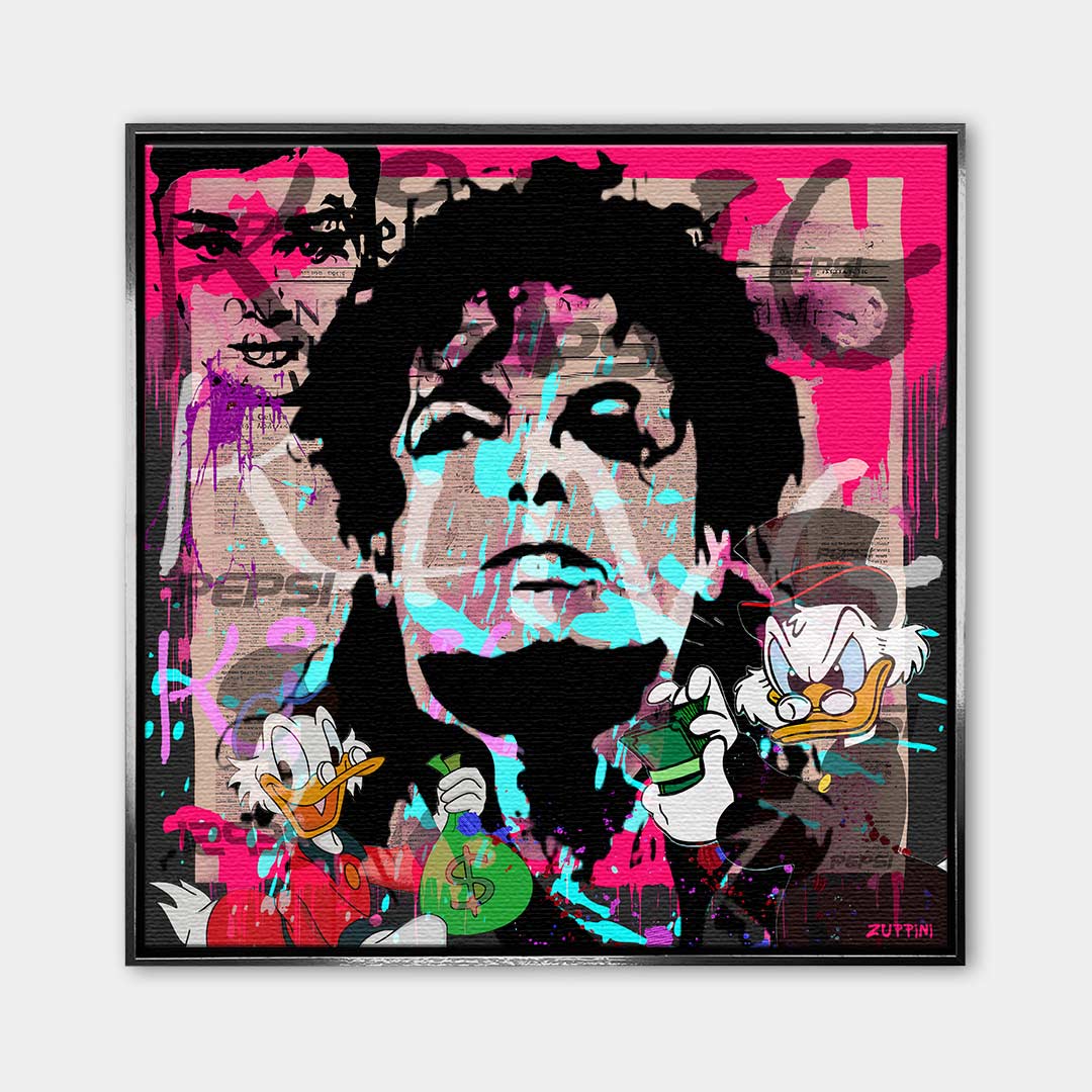 Nowoczesny obraz na płótnie pop-art, Michael Jackson i Sknerus McKwacz, różowe tło, wydruk galeryjny Huephant, sztuka motywacyjna do biura i salonu.