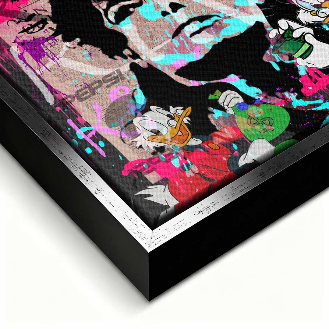 Nowoczesny obraz na płótnie pop-art, Michael Jackson i Sknerus McKwacz, różowe tło, wydruk galeryjny Huephant, sztuka motywacyjna do biura i salonu.