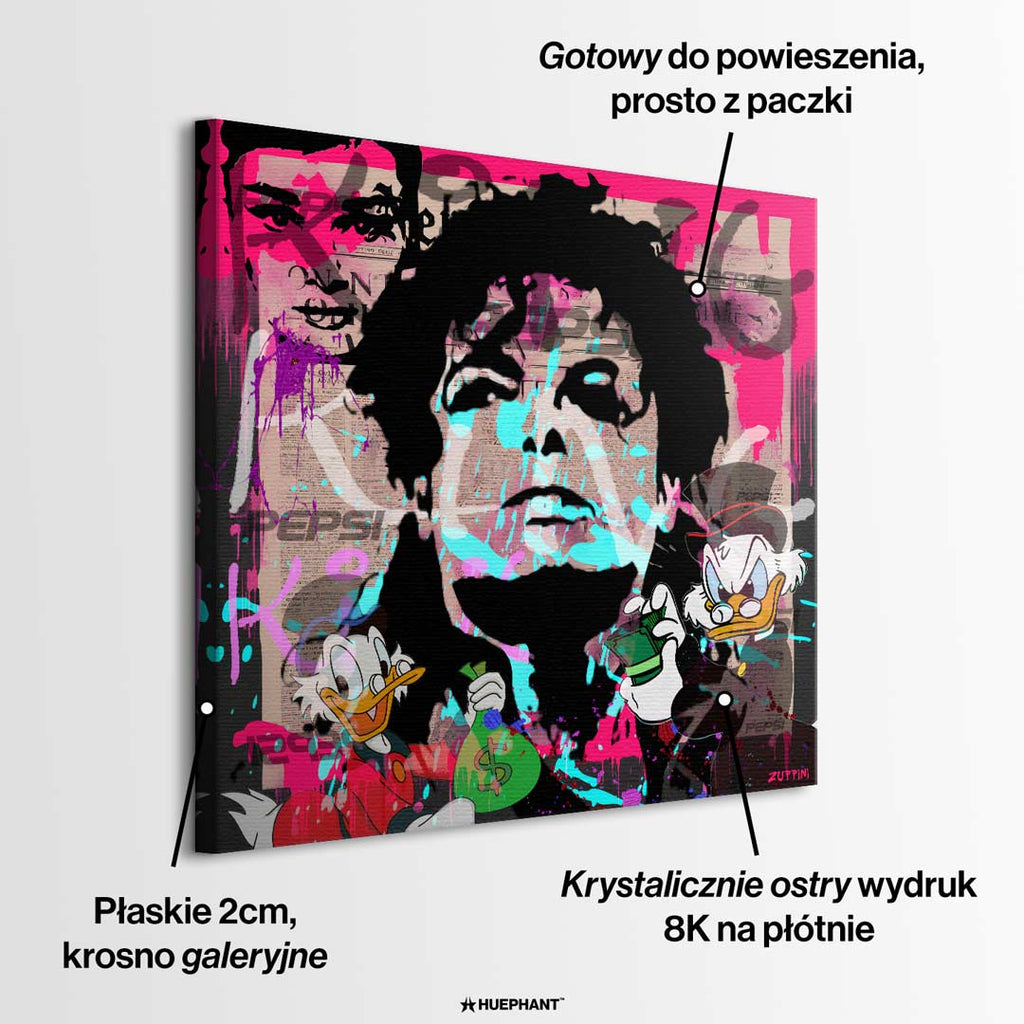 Nowoczesny obraz na płótnie pop-art, Michael Jackson i Sknerus McKwacz, różowe tło, wydruk galeryjny Huephant, sztuka motywacyjna do biura i salonu.