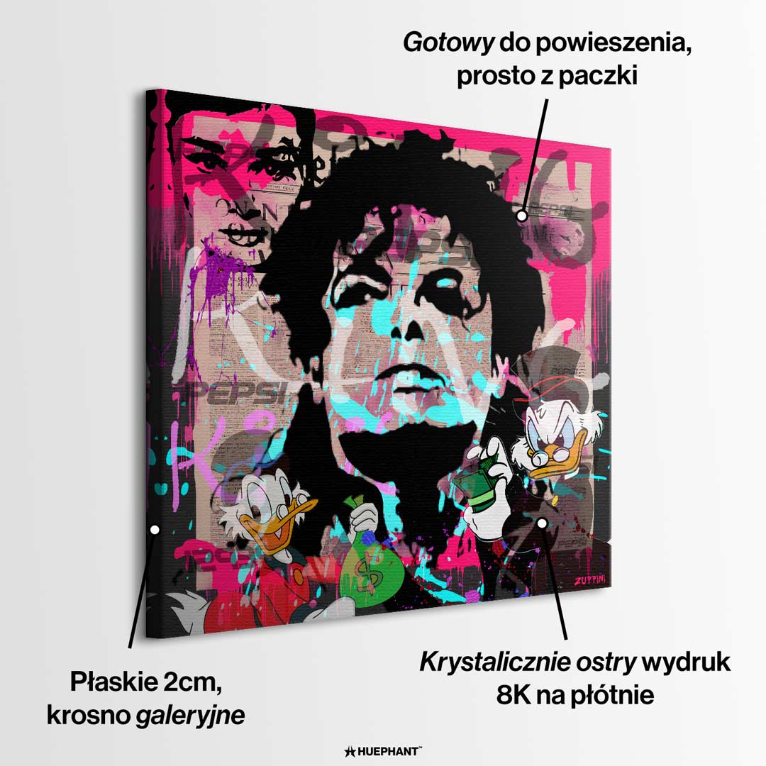 Nowoczesny obraz na płótnie pop-art, Michael Jackson i Sknerus McKwacz, różowe tło, wydruk galeryjny Huephant, sztuka motywacyjna do biura i salonu.