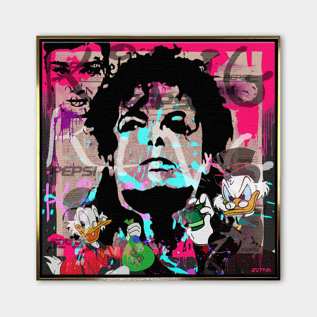 Nowoczesny obraz na płótnie pop-art, Michael Jackson i Sknerus McKwacz, różowe tło, wydruk galeryjny Huephant, sztuka motywacyjna do biura i salonu.