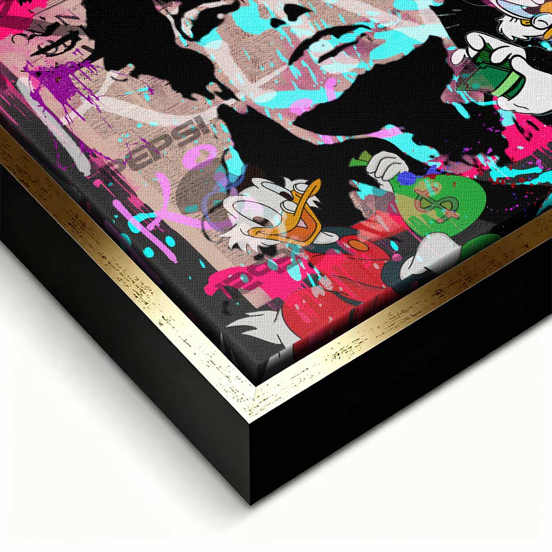 Nowoczesny obraz na płótnie pop-art, Michael Jackson i Sknerus McKwacz, różowe tło, wydruk galeryjny Huephant, sztuka motywacyjna do biura i salonu.