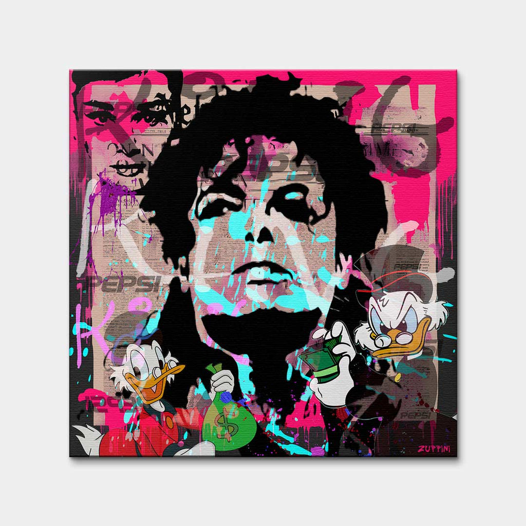Nowoczesny obraz na płótnie pop-art, Michael Jackson i Sknerus McKwacz, różowe tło, wydruk galeryjny Huephant, sztuka motywacyjna do biura i salonu.