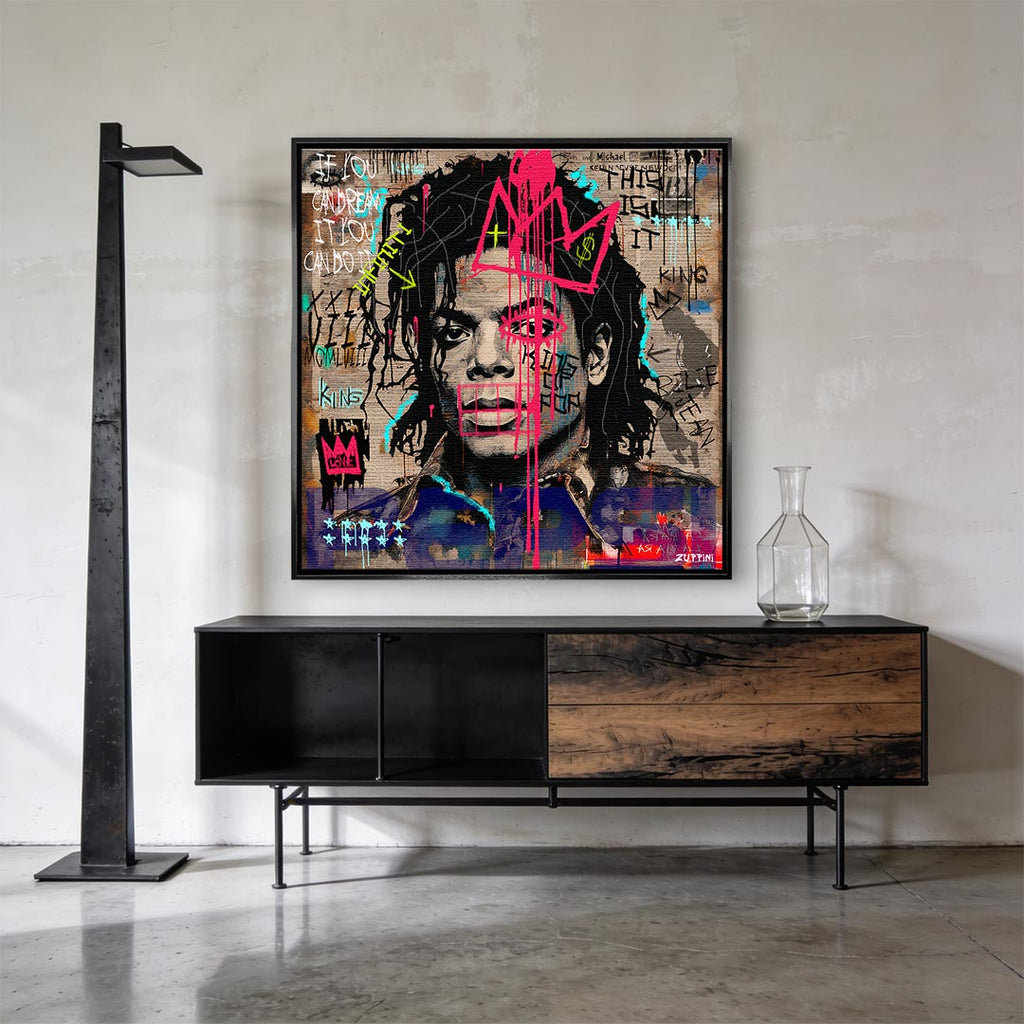 Nowoczesny obraz na płótnie Michael Jackson Pop. Wydruk galeryjny w stylu street art z różowym graffiti, idealna sztuka nowoczesna do salonu i biura.