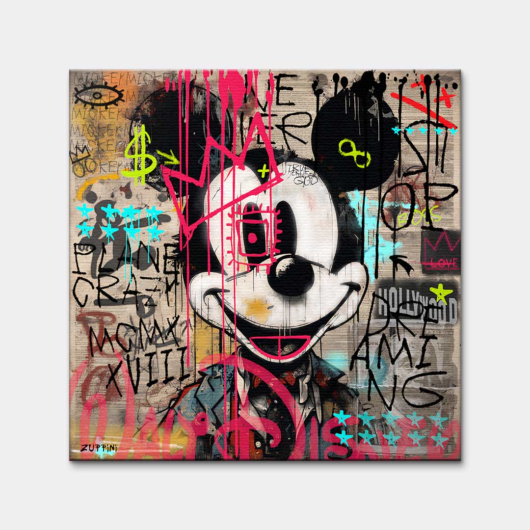 Obraz na płótnie Mickey w stylu pop-art i street-art z różową koroną. Nowoczesny wydruk galeryjny i limitowana sztuka motywacyjna do biura lub salonu.
