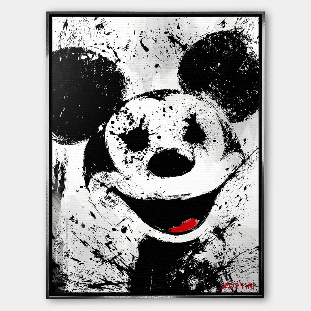 Nowoczesny obraz na płótnie Myszka Miki Mouse Splash. Kontrastowy wydruk galeryjny w stylu street art z czarnymi rozbryzgami farby i czerwonym akcentem.