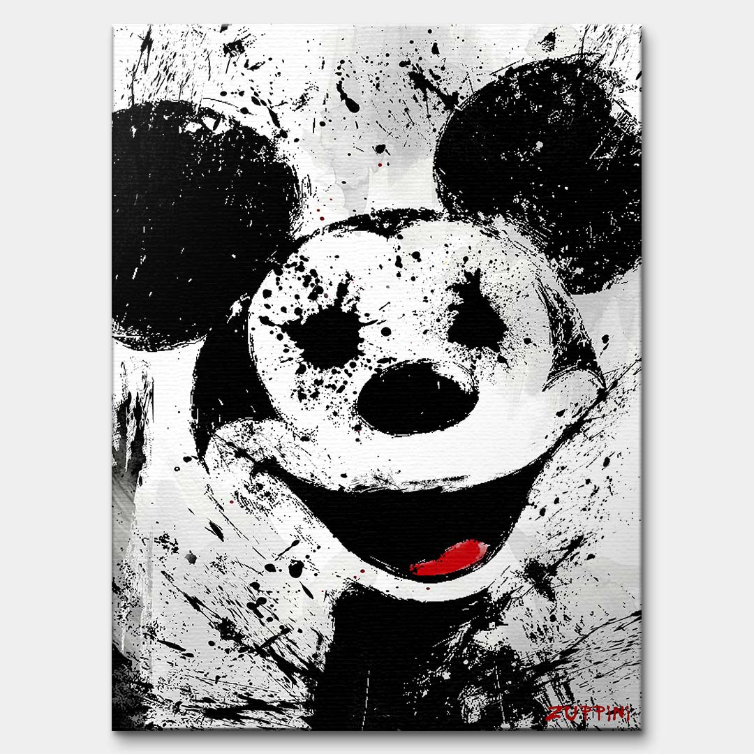 Nowoczesny obraz na płótnie Myszka Miki Mouse Splash. Kontrastowy wydruk galeryjny w stylu street art z czarnymi rozbryzgami farby i czerwonym akcentem.