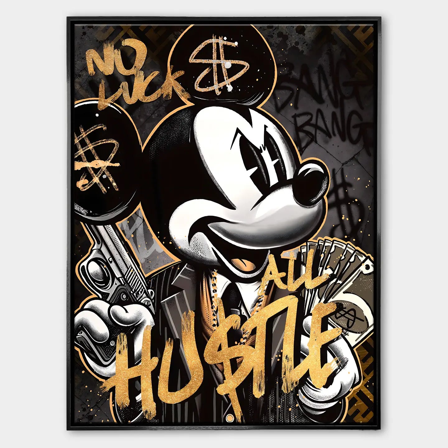 Obraz na płótnie przedstawiający postać Myszki Miki w stylu graffiti z pieniędzmi i złotym napisem „No luck, All Hustle”. Dynamiczna, uliczna estetyka Pop Art z mocnym przekazem i luksusowym wykończeniem.