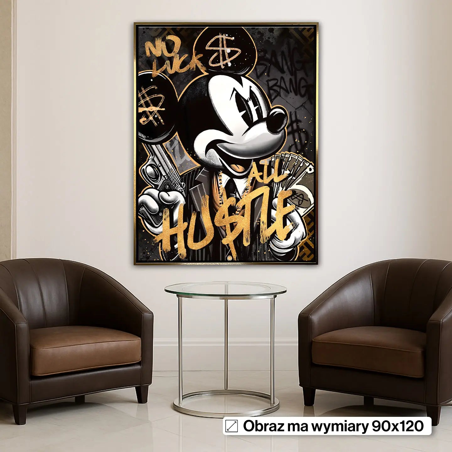 Obraz na płótnie przedstawiający postać Myszki Miki w stylu graffiti z pieniędzmi i złotym napisem „No luck, All Hustle”. Dynamiczna, uliczna estetyka Pop Art z mocnym przekazem i luksusowym wykończeniem.