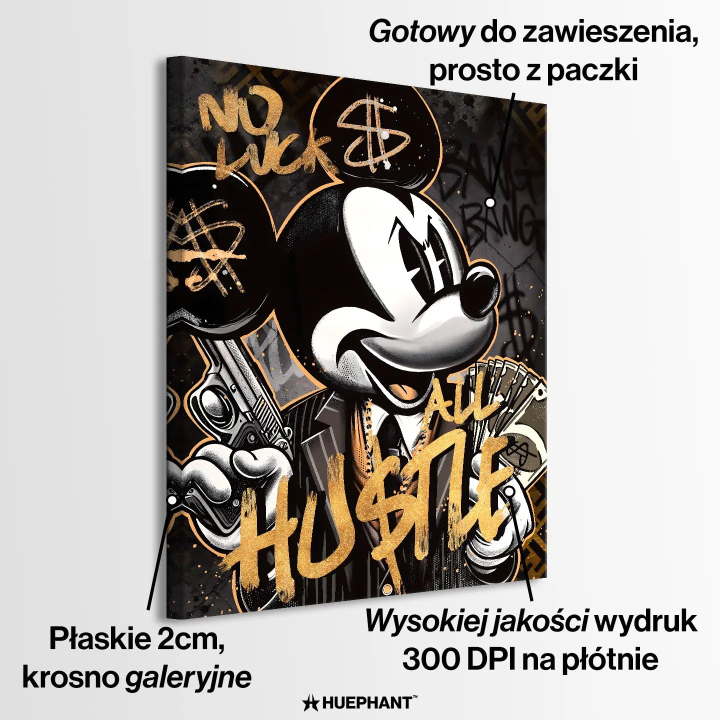 Obraz na płótnie przedstawiający postać Myszki Miki w stylu graffiti z pieniędzmi i złotym napisem „No luck, All Hustle”. Dynamiczna, uliczna estetyka Pop Art z mocnym przekazem i luksusowym wykończeniem.