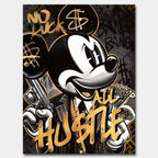 Obraz na płótnie przedstawiający postać Myszki Miki w stylu graffiti z pieniędzmi i złotym napisem „No luck, All Hustle”. Dynamiczna, uliczna estetyka Pop Art z mocnym przekazem i luksusowym wykończeniem.