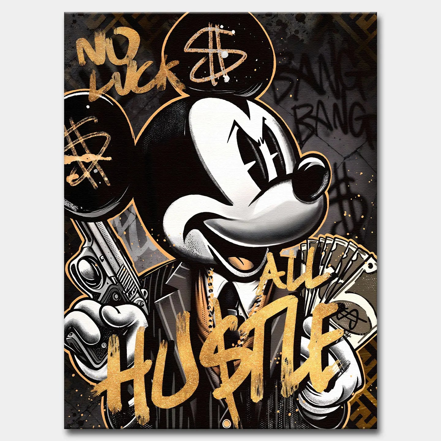 Obraz na płótnie przedstawiający postać Myszki Miki w stylu graffiti z pieniędzmi i złotym napisem „No luck, All Hustle”. Dynamiczna, uliczna estetyka Pop Art z mocnym przekazem i luksusowym wykończeniem.