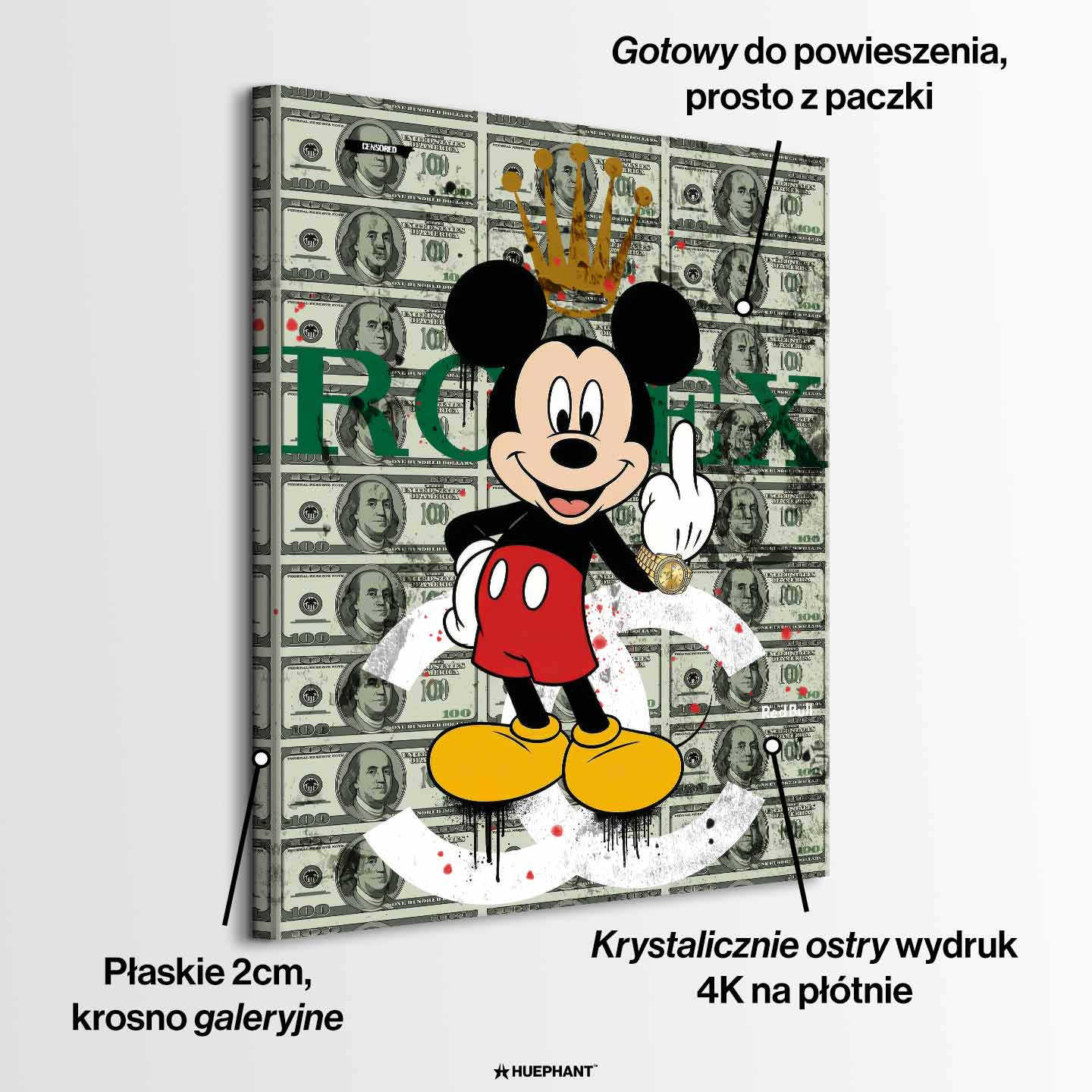 Obraz na płótnie Middle Finger – ikoniczna myszka w koronie na tle banknotów, wykonująca buntowniczy gest, nowoczesny wydruk galeryjny.