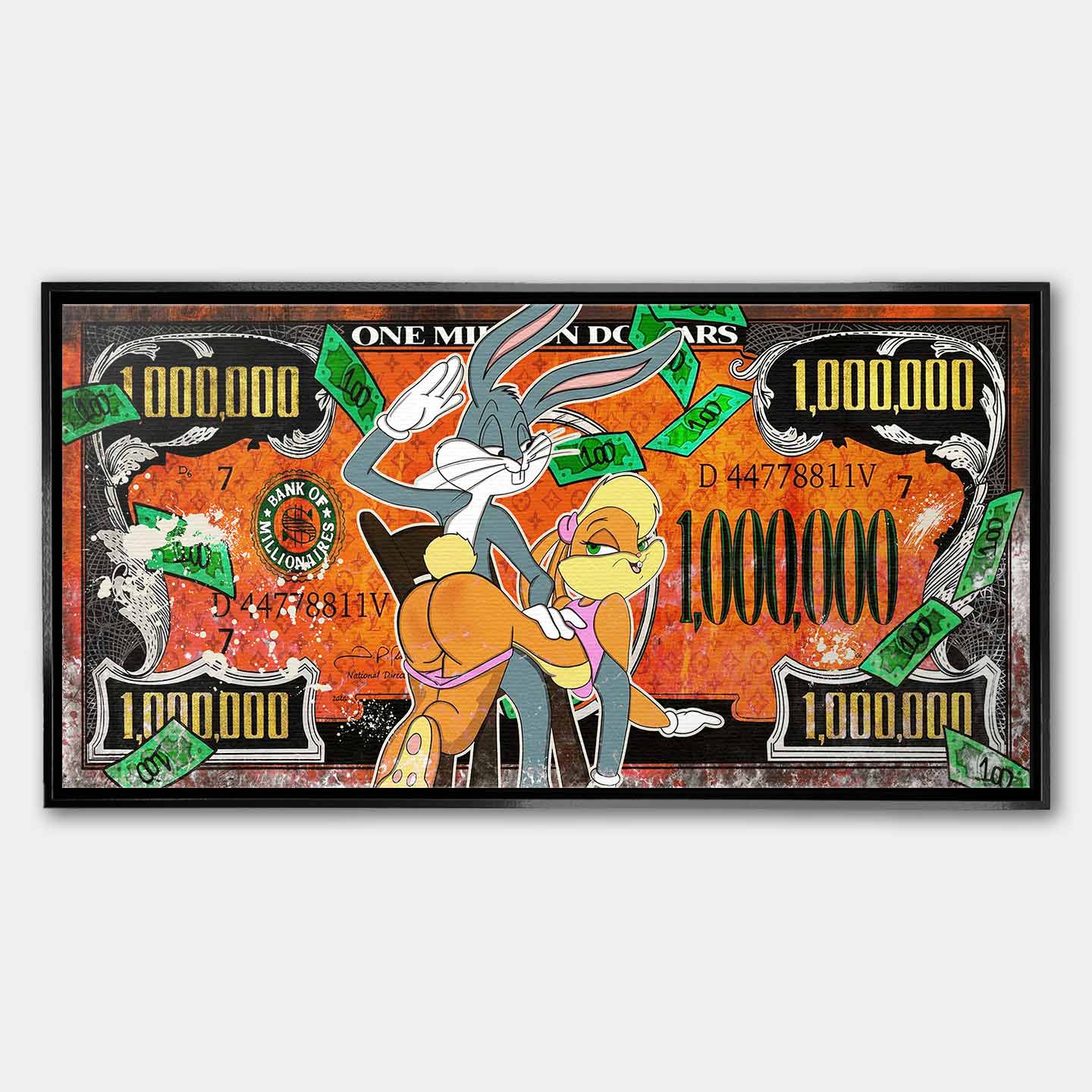 Obraz na płótnie w stylu pop art z animowaną parą, banknotem miliona dolarów i zielonymi pieniędzmi, kolorowy wydruk galeryjny.