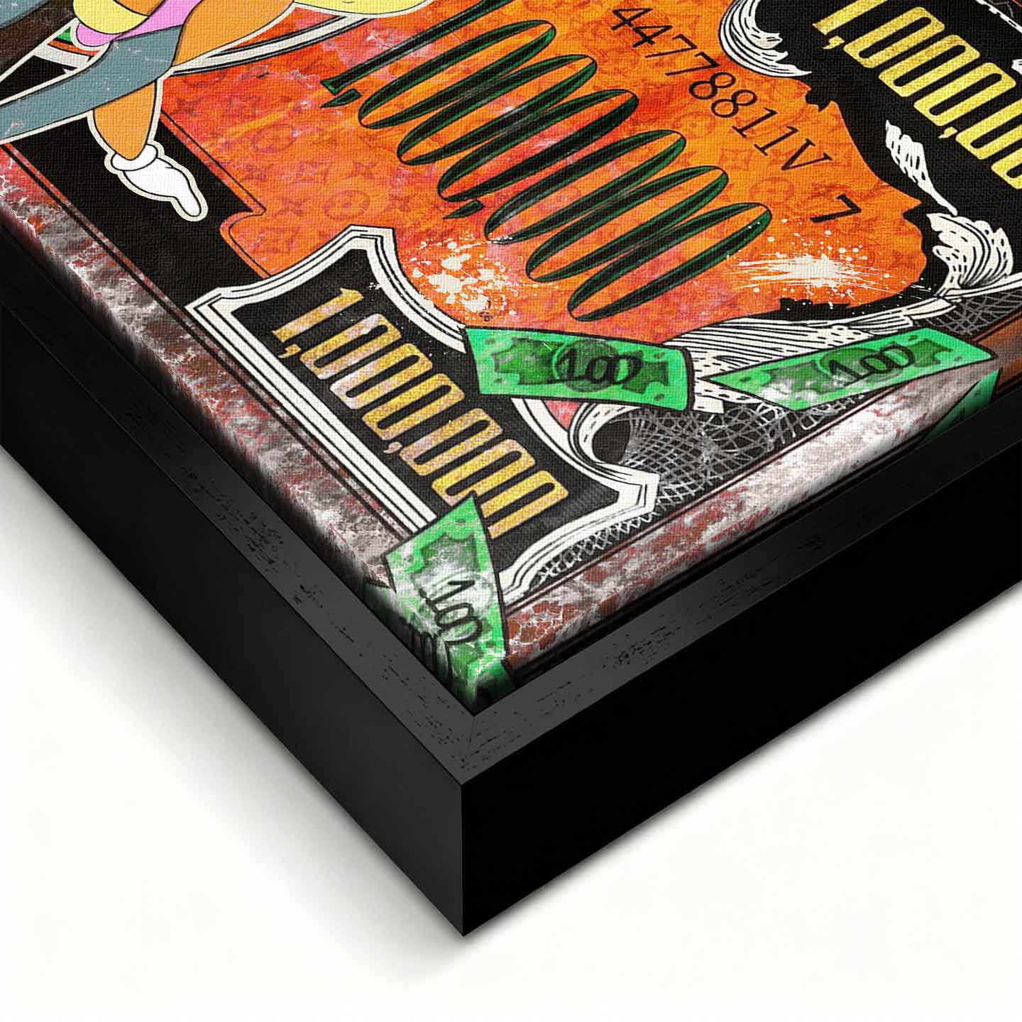 Obraz na płótnie w stylu pop art z animowaną parą, banknotem miliona dolarów i zielonymi pieniędzmi, kolorowy wydruk galeryjny.